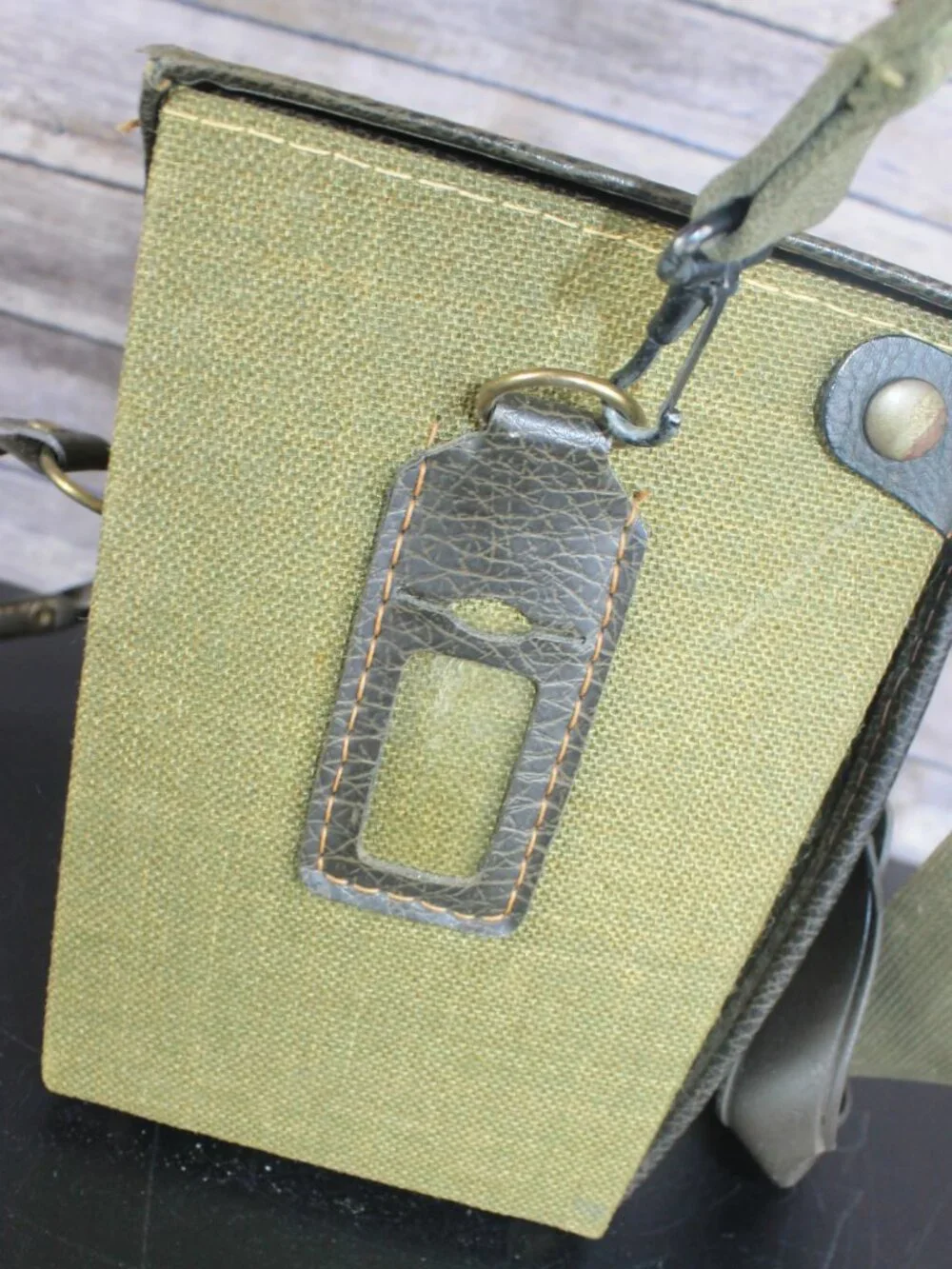 Vintage Style Hard Camera Case Olive Green Canvas Leather Shoulder Carry Suede